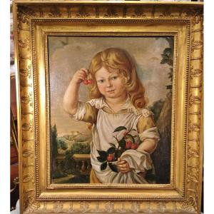 Painting Child With Cherries Oil On Canvas Late 18th Century