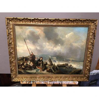 Noël Jules (1810 - 1881) Fishing Port In Normandy Oil On Canvas