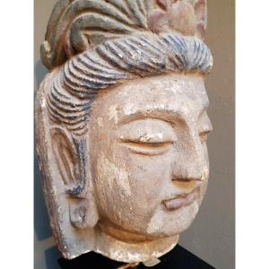 Chinese Divinity Head In Polychrome Wood, Early 20th