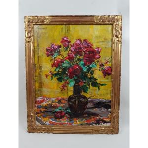 H/t "bouquet Of Roses" Signed A. Drumeaux