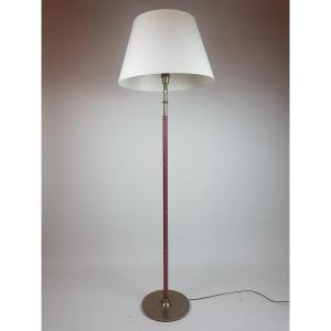 Floor Lamp In Brass Sheathed In Red Leather, Circa 1950