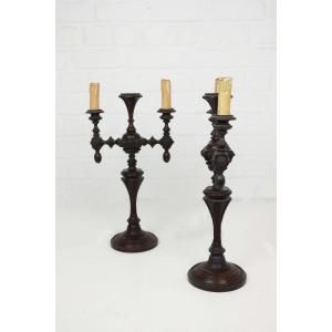 Pair Of Side Lamps In Turned Mahogany