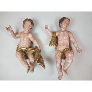 2 Cherubs In Gilded And Polychromed Wood, 17th
