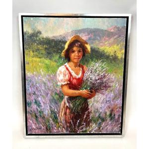 Oil On Canvas "young Girl In A Field Of Flowers" - Signed A Galzenati