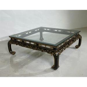 Large Coffee Table With Chinese Pattern In Lacquered And Gilded Wood