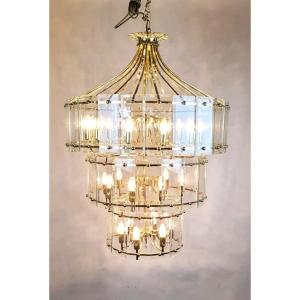 Large Glass And Brass Chandelier