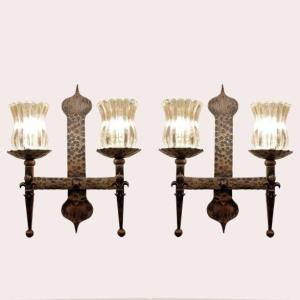 Pair Of Wrought Iron And Glass Wall Lights.