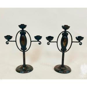 Pair Of Arts & Crafts Candlesticks