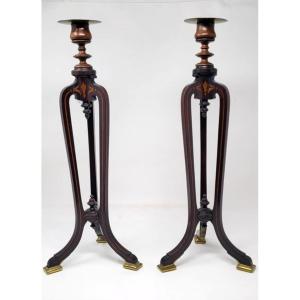 Pair Of Inlaid Mahogany Candlesticks