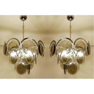 Pair Of Vistosi Chandeliers In Smoked Glass