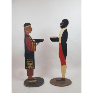 2 Painted Wooden Servants, Early 20th Century