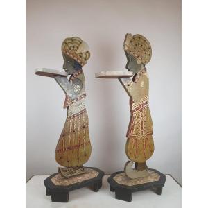 2 Polychrome Wooden Servants, Early 20th Century