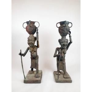 Pair Of Bronze "tikar" Sculptures, African Work, Circa 1940