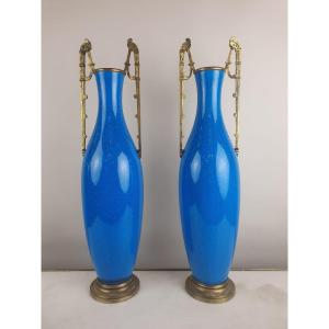 Pair Of Ceramic Vases With Bronze Mounts, Paris 19th Century