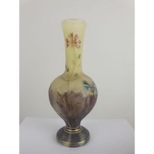 Daum - Nancy, Glass Paste Soliflore Vase With Cornflower Decoration, Circa 1905
