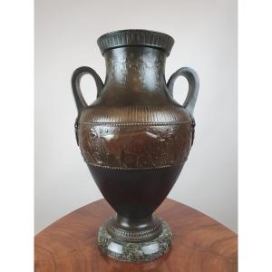 Neoclassical Patinated Metal Vase On Marble Base, 19th Century