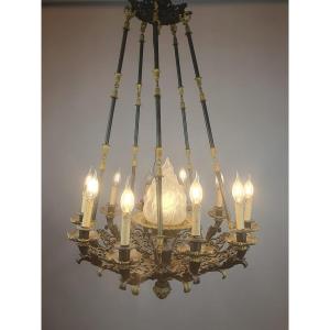 Empire Chandelier With Black, Green And Gold Patina, 19th