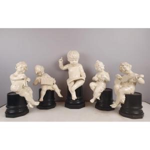Group Of 5 Musician Cherubs In Earthenware, Late 19th Early 20th