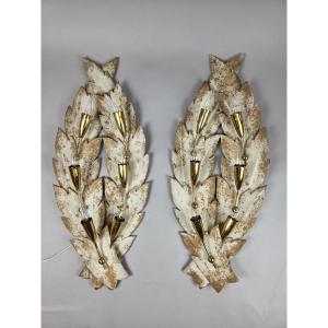 Pair Of Painted Sheet Metal And Brass Wall Lights, 20th Century