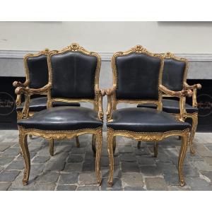 Set Of 4 Louis XV Style Armchairs In Gilded Wood, 20th Century