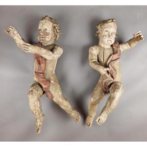 Pair Of Large Carved And Polychromed Wooden Cherubs, 18th Century