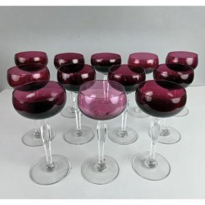 Set Of 12 Red-lined Crystal Glasses From Val Saint Lambert