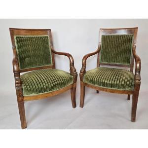 Pair Of Green Velvet Armchairs, Empire Period, 19th Century, 