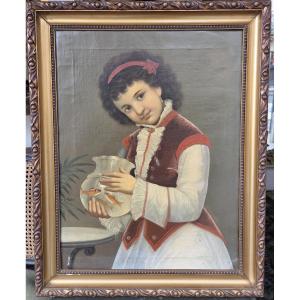 Oil On Canvas "young Girl At The Aquarium", Early 20th Century