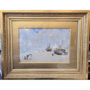 Watercolor "lively Beach", H. Stacquet, 19th  