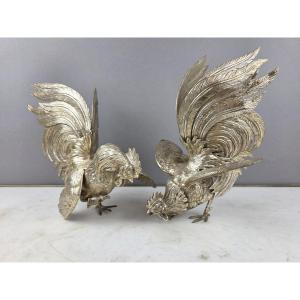 Silver-plated Bronze Cockfight, Early 20th Century
