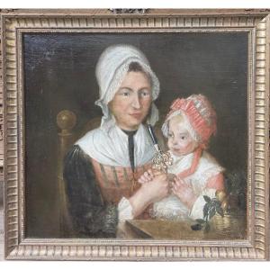 Oil On Canvas "nurse And Child" 18th