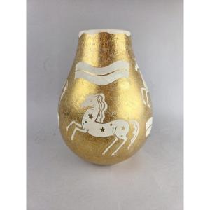Louis Randour, Ceramic Vase With Horse Decoration, Circa 1930