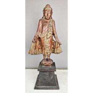 Polychrome Wooden Buddha, 19th Century 