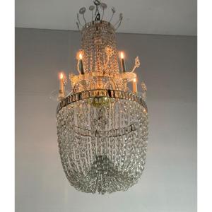 Important Navette Cut Crystal Pearl Bag Chandelier, Circa 1800 6 Light Arms