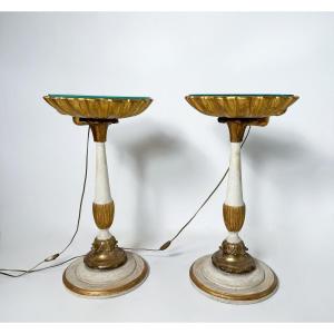 Pair Of Shell-shaped Bedside Tables, Wood And Glass, 1900s.