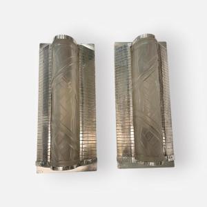 Pair Of Art Deco Wall Sconces In Silver-plated Metal 