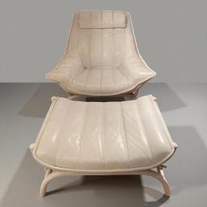 Armchair And Footstool In White Leather And White Patinated Rattan, Circa 1970