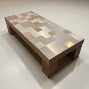 1970s Low Coffee Table In Brass And Brushed Aluminum Mosaic (willy Rizzo)