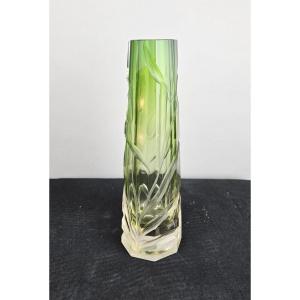 Moser Karlsbad Vase, Circa 1900 — Colorless Glass Tinted Green, Decorated With Deeply Engraved Flowers