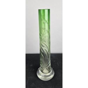 Moser Karlsbad Vase, Circa 1900 — Colorless Glass Tinted Green, Decorated With Deeply Engraved Flowers