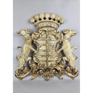 Large Coat Of Arms In Carved And Patinated Wood, 19th