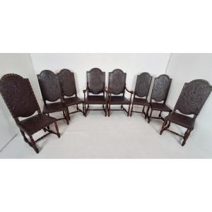 Set Of 2 Armchairs And 6 Chairs In Renaissance Style, 19th
