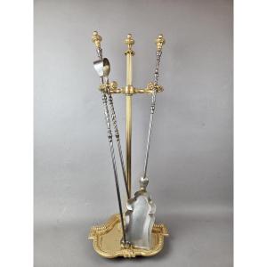 Wrought Iron And Gilt Bronze Fireplace Set, 19th Century