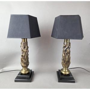 Pair Of Gilt Bronze Lamps, Early 20th Century
