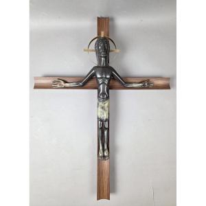 Jean Lambert Rucki "christ" In Bronze With Green Patina And Rosewood