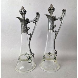 Pair Of Art Nouveau Glass And Pewter Ewers