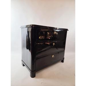 Biedermeier Chest Of Drawers In Black Lacquered Wood, Late 19th Century
