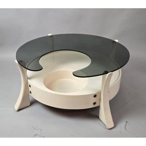 Coffee Table In White Lacquered Wood With A Smoked Glass Top, 1970