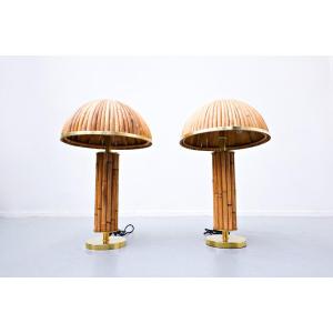 Pair Of Modern Italian Lamps In Brass And Bamboo