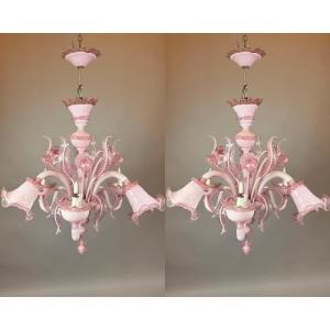 Pair Of Pink Murano Glass Chandeliers